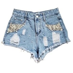 Runway Paris Super Short Pearl Studded Jean Shorts Women's Size‎ S